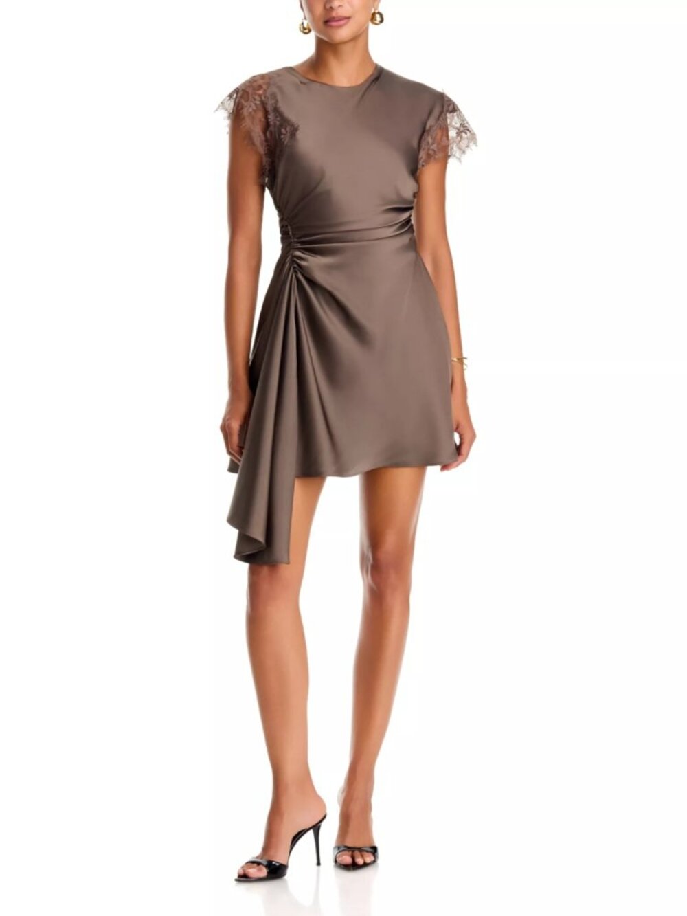 AMUR Zina Ruched Satin Mini Dress Mosswood Green Size 8